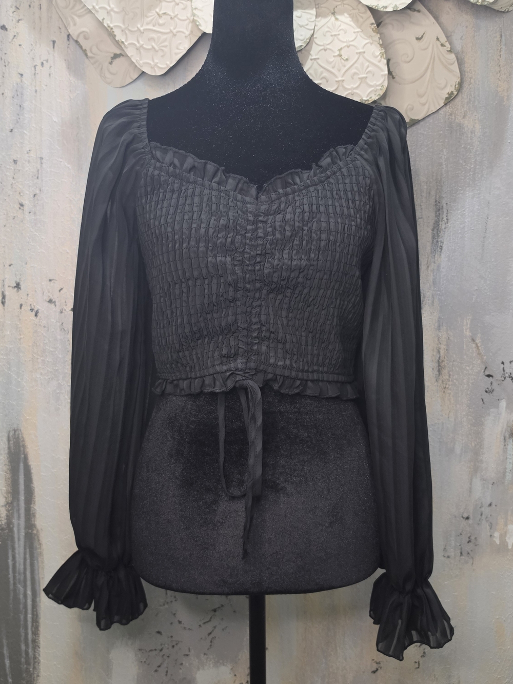 Papaya Black Smocked Crop Peasant Top with Sheer Bishop Sleeves Size Large